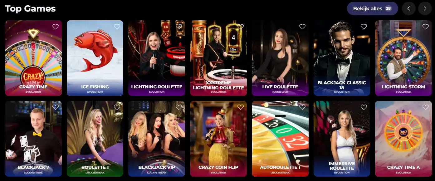 Actuele Nyxbets live-casinolobby met zichtbare Evolution-titels