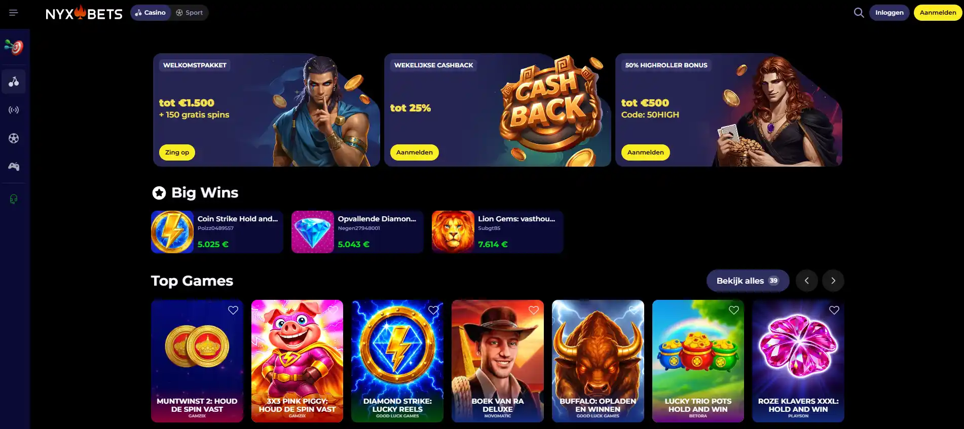 Actuele Nyxbets lobby en navigatie
